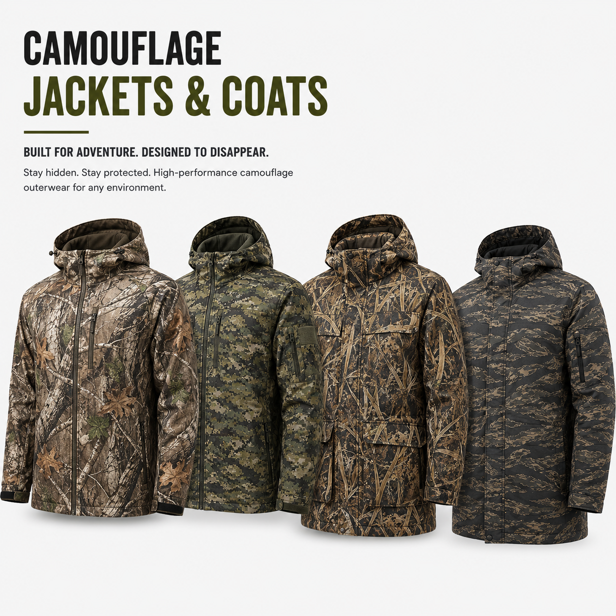 Eco Jersey camouflage jackets and coats banner showing four hooded camo jackets from the back and side in various camouflage patterns including brown leaf, green multi-terrain, grass reed, and dark digital, designed for high-performance concealment and outdoor protection