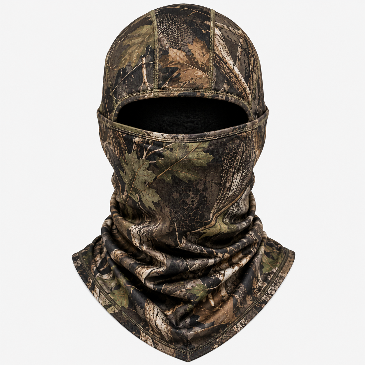Custom camouflage ninja-style balaclava by Eco Jersey in brown woodland leaf camo pattern, featuring a wide eye opening with the face, neck, and shoulders covered, ideal for tactical concealment and outdoor hunting