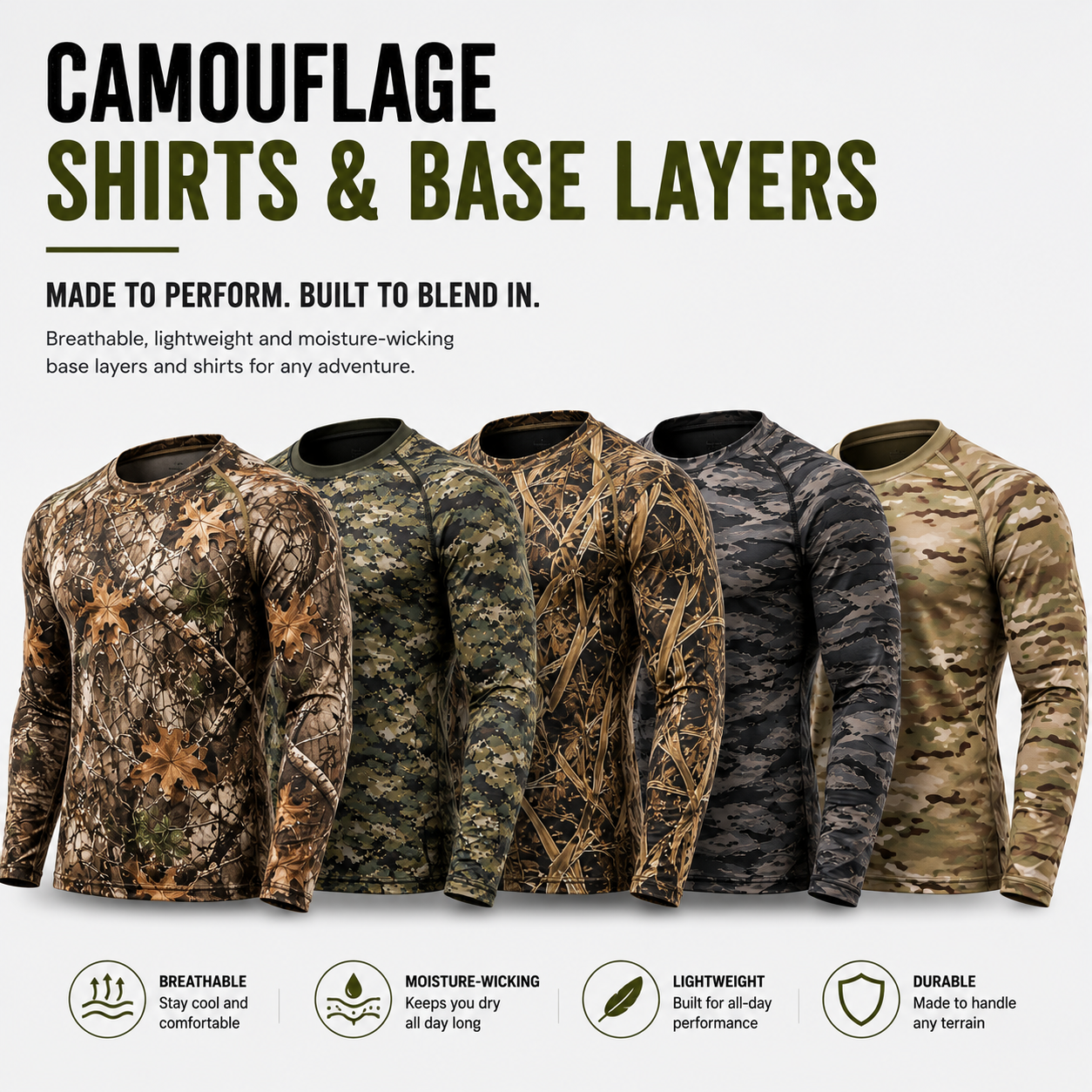 Eco Jersey camouflage shirts and base layers banner showing five long-sleeve camo base layer shirts in different patterns including brown leaf, digital green, grass camo, dark gray, and desert multi-camo, with Breathable, Moisture-Wicking, Lightweight, and Durable feature icons