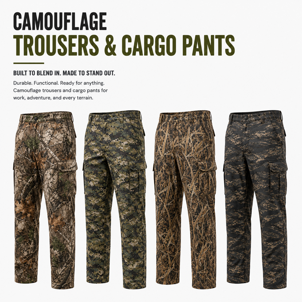 Eco Jersey camouflage trousers and cargo pants banner showing four camo trousers in different patterns including brown woodland, digital green, grass reed camo, and dark digital, featuring multiple cargo pockets for work, adventure, and outdoor terrain
