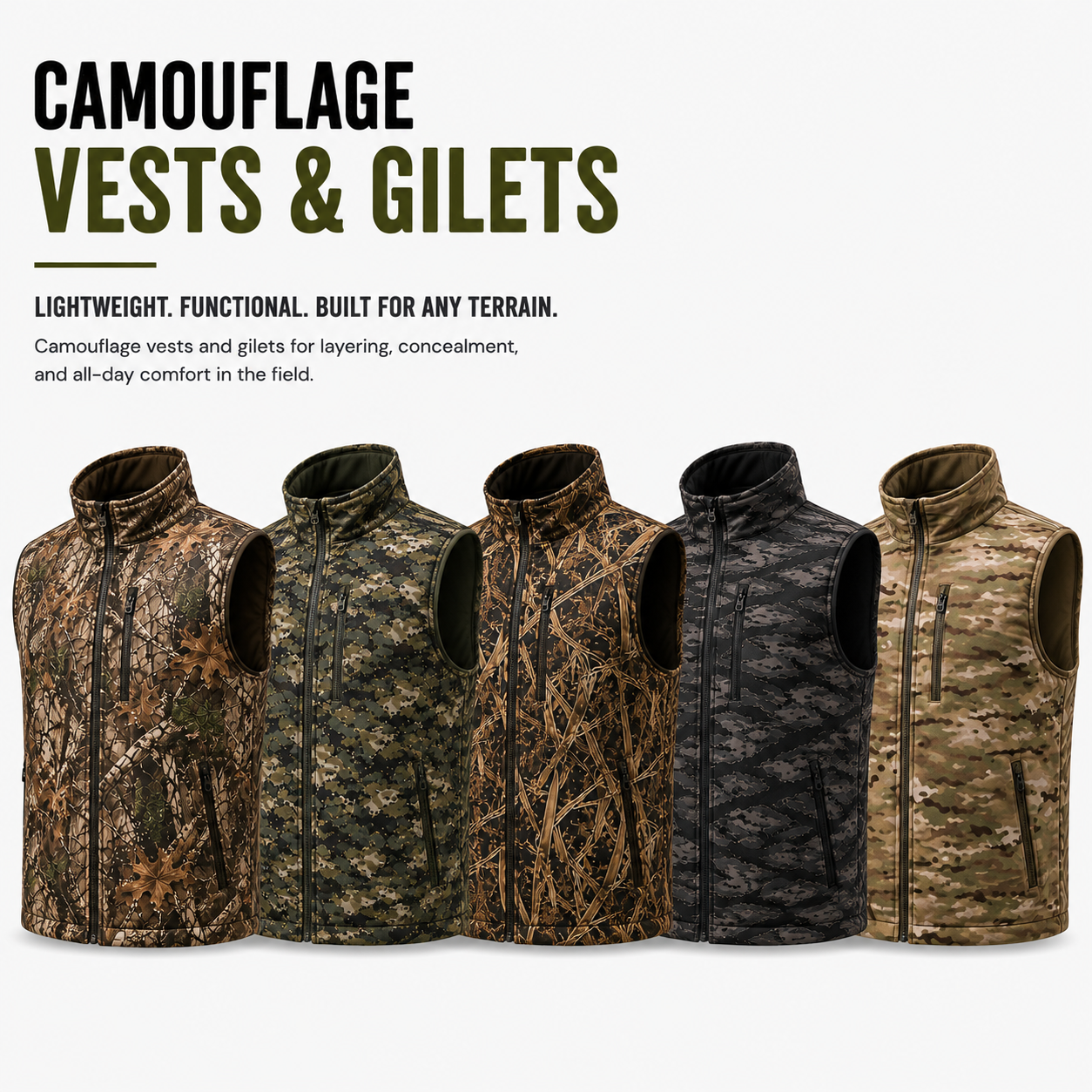 Eco Jersey camouflage vests and gilets banner showing five sleeveless camo gilets in different camouflage patterns including brown woodland, digital green, branch twig, digital black, and desert tan, designed for layering, concealment, and all-day comfort in the field