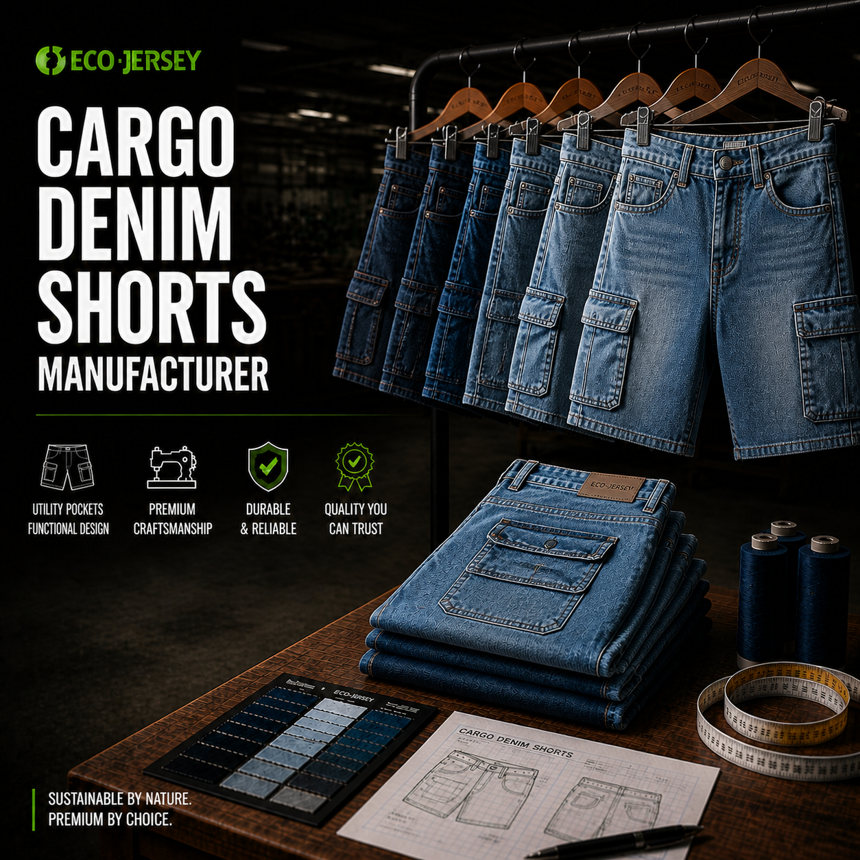 Cargo Denim Shorts Manufacturer – Custom cargo denim shorts with pockets wholesale by Eco Jersey