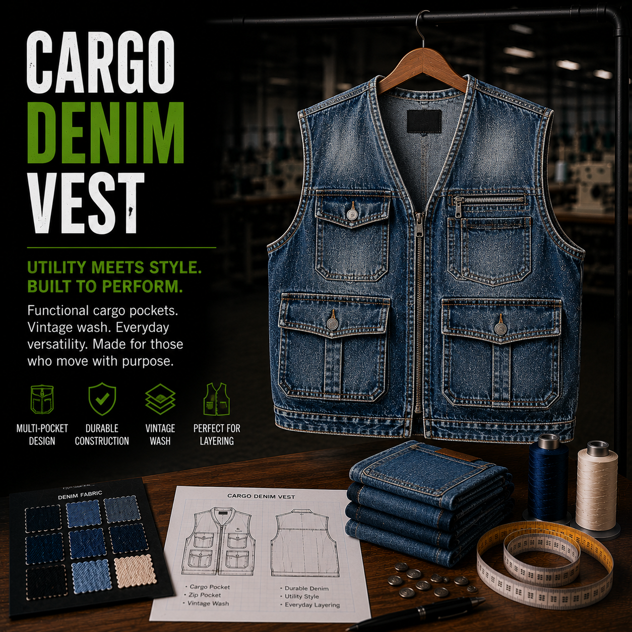 Cargo denim vest infographic showing product on hanger with multi-pocket design, fabric swatches, tech sketch, and features including vintage wash, durable construction, and layering fit
