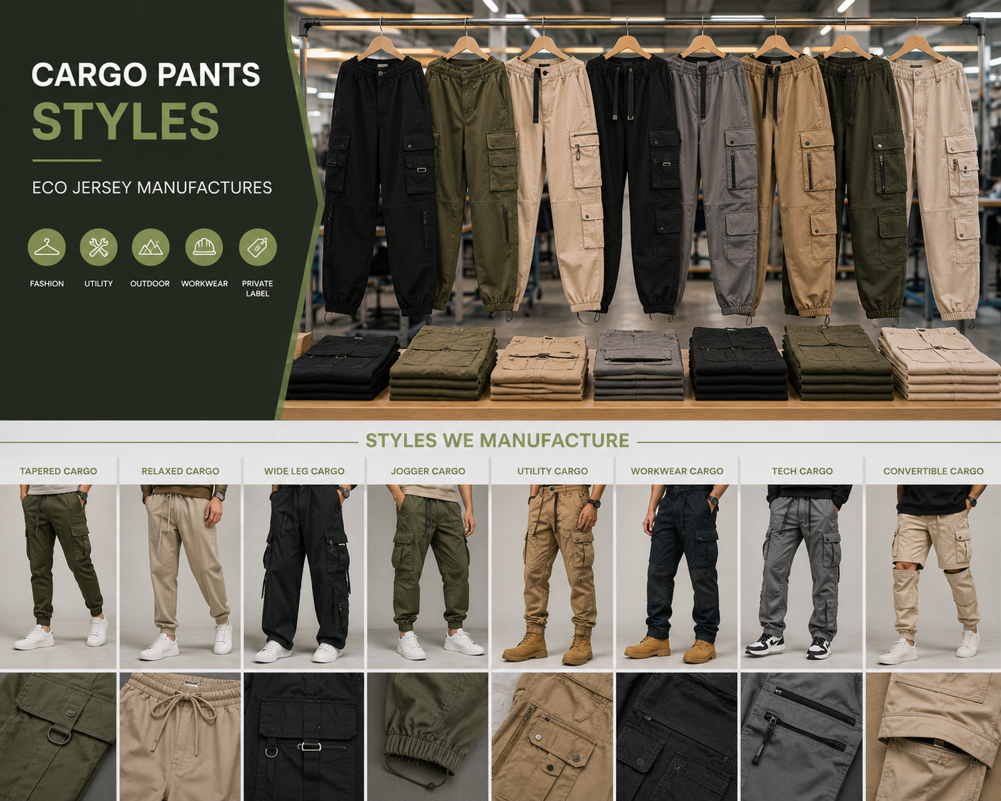 Cargo Pants Styles Overview – Various custom cargo pants styles for wholesale manufacturing by Eco Jersey