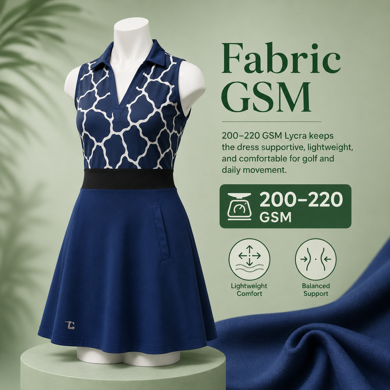 Bold dress fabric GSM weight detail infographic showing fabric weight and quality specifications for custom women's bold dress manufacturer
