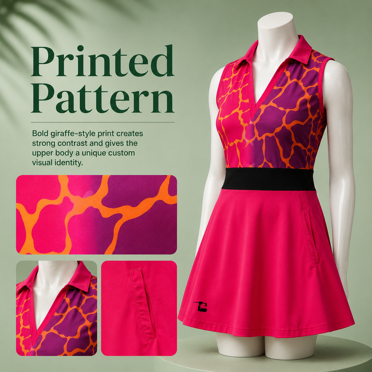Bold dress printed pattern detail showing custom print design and fabric pattern for women's bold dress manufacturer