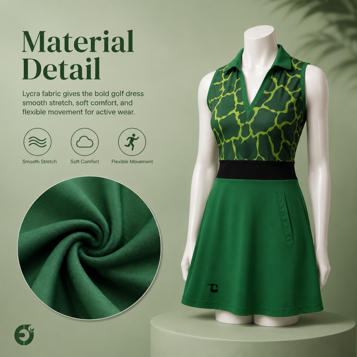 Bold dress material detail infographic showing fabric composition, texture and material specifications for custom women's bold dress manufacturer