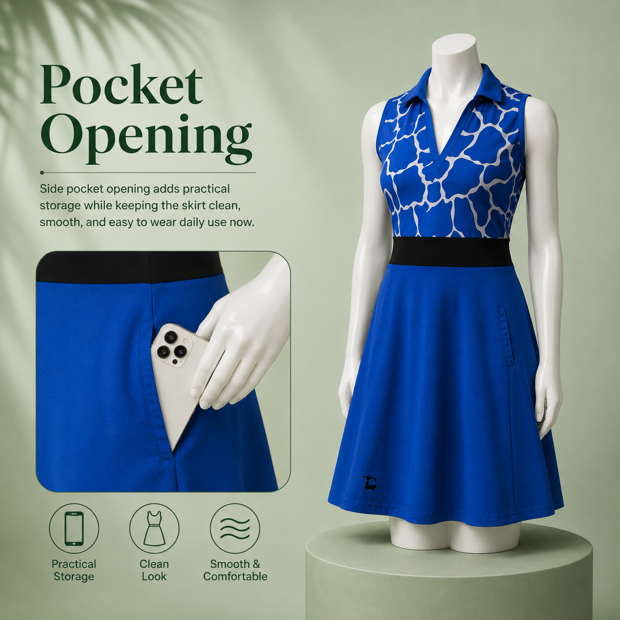 Bold dress side pocket opening detail showing pocket placement and stitching construction for custom women's bold dress manufacturer