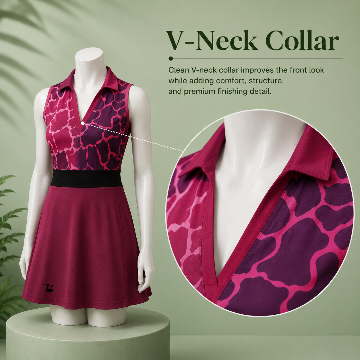 Bold dress V-neck collar detail showing neckline design, V-neck cut and finishing for custom women's bold dress manufacturer