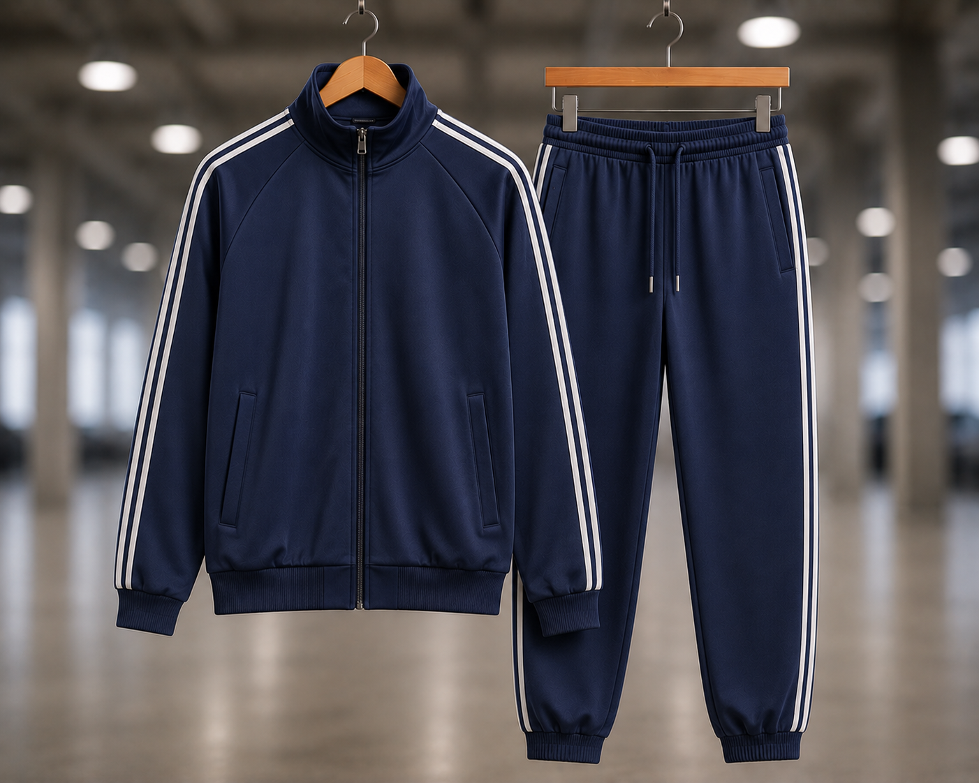 Custom classic athletic tracksuits manufacturer showing a matching zip-up jacket and tapered jogger pants set for sports teams, athletic clubs, and performance apparel brands