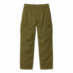 Olive green classic cargo pants flat product shot showing multiple cargo pockets on both sides, button fly, knee reinforcement panels, and straight leg cut on a white background