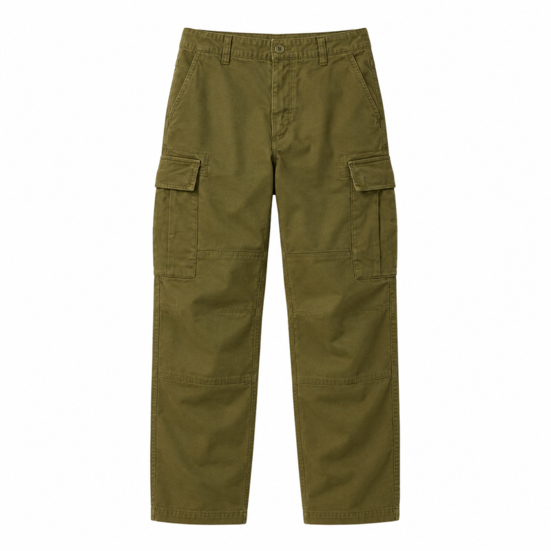 Olive green classic cargo pants flat product shot showing multiple cargo pockets on both sides, button fly, knee reinforcement panels, and straight leg cut on a white background