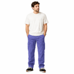 Male model wearing medium slate blue classic cargo pants with multiple side pockets and a white t-shirt, front view on white background, showing slate blue color variant of custom cargo pants