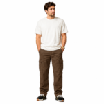 Male model wearing dark brown classic cargo pants with multiple side pockets and a white t-shirt, front view on white background, showing brown color variant of custom cargo pants