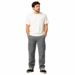 Male model wearing gray classic cargo pants with multiple side pockets and a white t-shirt, front view on white background, showing gray color variant of custom cargo pants