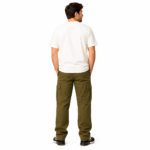 Male model wearing olive green classic cargo pants with multiple pockets, back view on white background, showing the rear design and pocket details of custom cargo pants