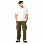 Male model wearing olive green classic cargo pants with multiple side pockets and a plain white t-shirt, front view on white background, showcasing custom cargo pants manufacturing