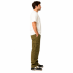 Male model wearing olive green classic cargo pants with a white t-shirt, side profile view on white background, showing side pocket details of custom cargo pants