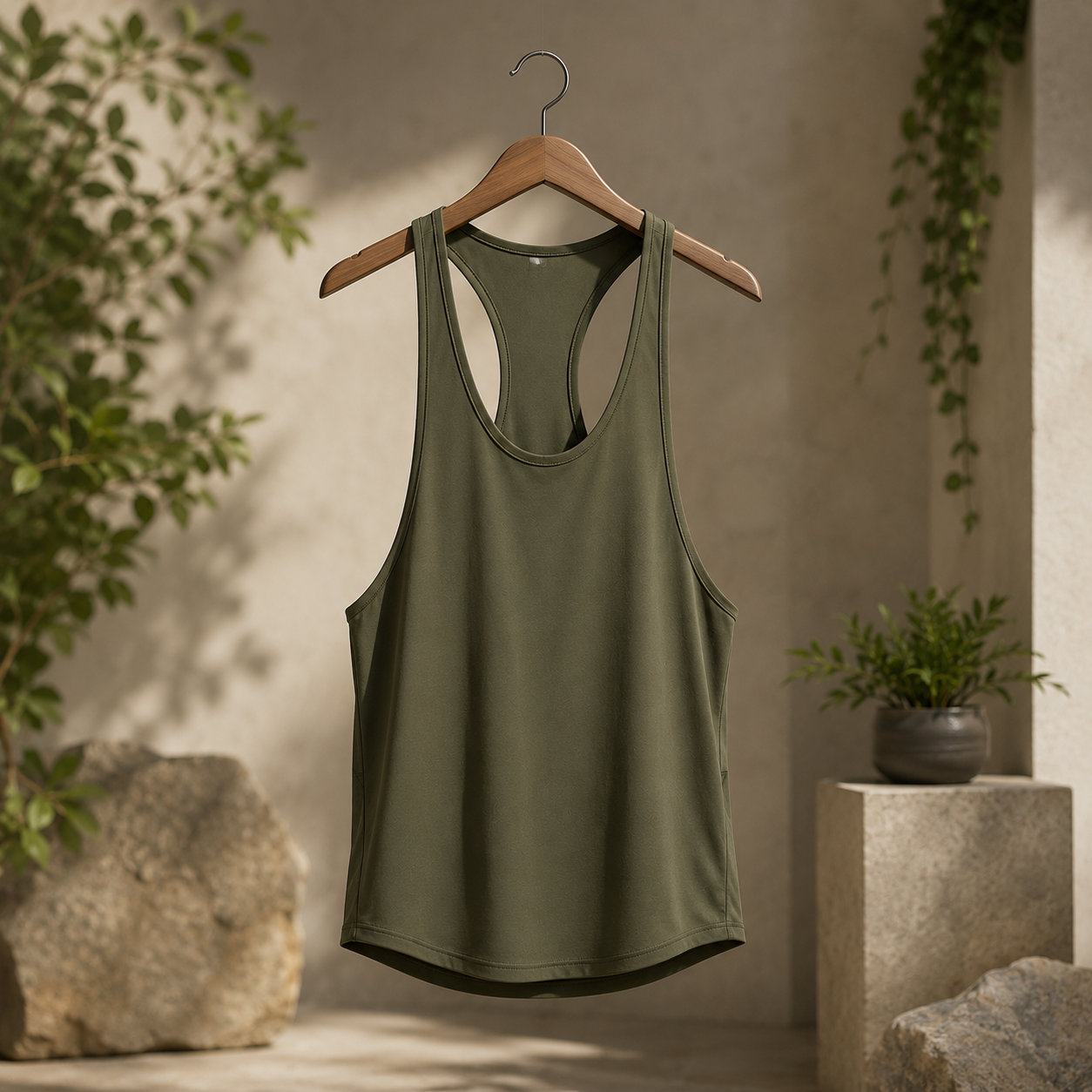 Custom classic gym stringers manufacturer showing men's narrow strap classic stringer tank top on a wooden hanger in a natural setting for gym brands and bodybuilding apparel retailers