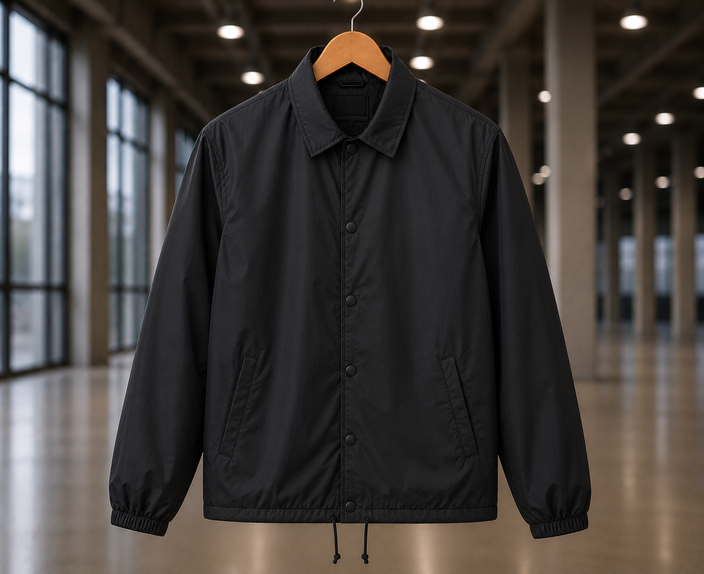 Custom coach jacket manufacturer showing a men's black button-front coach jacket with patch pockets and elastic cuffs on a wooden hanger in a modern interior