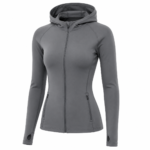 Custom gray compression hoodie by Eco Jersey on a ghost mannequin, showing the full-zip front closure, attached hood, raglan sleeves, thumb holes, dual side pockets, and body-contouring athletic fit