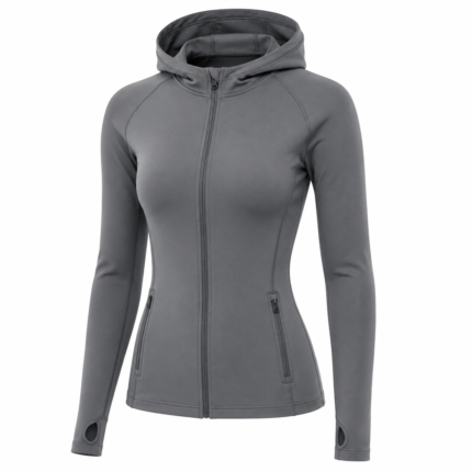 Custom gray compression hoodie by Eco Jersey on a ghost mannequin, showing the full-zip front closure, attached hood, raglan sleeves, thumb holes, dual side pockets, and body-contouring athletic fit