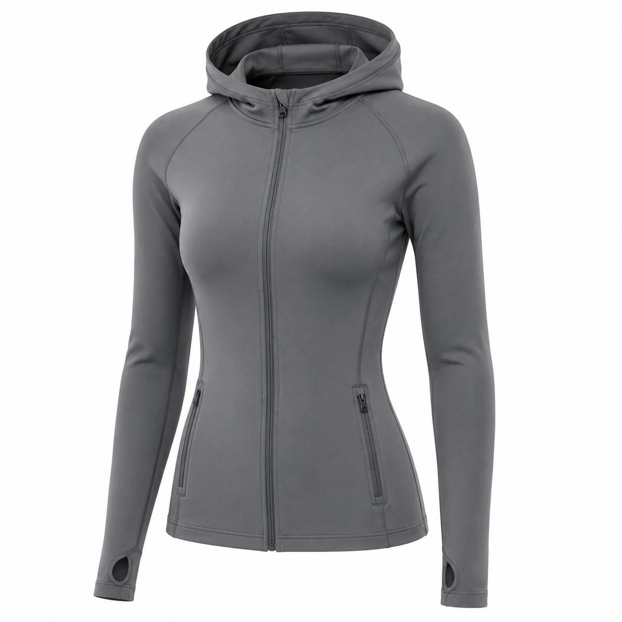 Compression Hoodie Custom gray compression hoodie by Eco Jersey on a ghost mannequin, showing the full-zip front closure, attached hood, raglan sleeves, thumb holes, dual side pockets, and body-contouring athletic fit