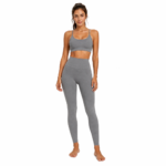 Gray colored compression leggings with side pocket for women's sports, yoga, and activewear fitness activities