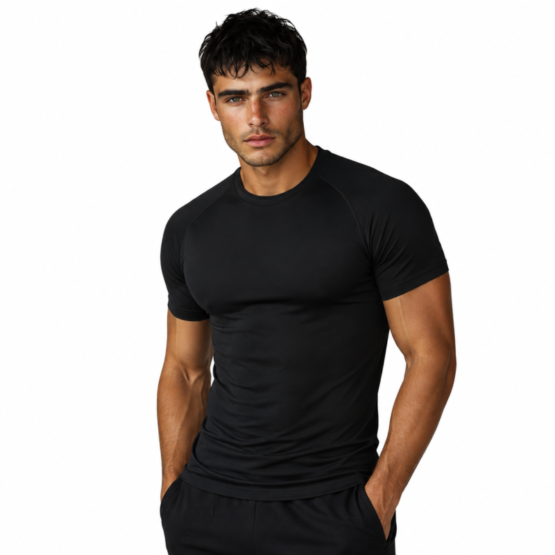Front view of model wearing compression T-shirt showing chest panel, sleeve compression zones, and body fit for sports use
