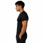 Side view of model wearing compression T-shirt showing sleeve coverage and body fit for sports and medical muscle support