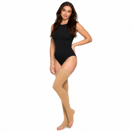 Front view of model wearing compression stockings, showing fit and graduated compression design for medical and sports use