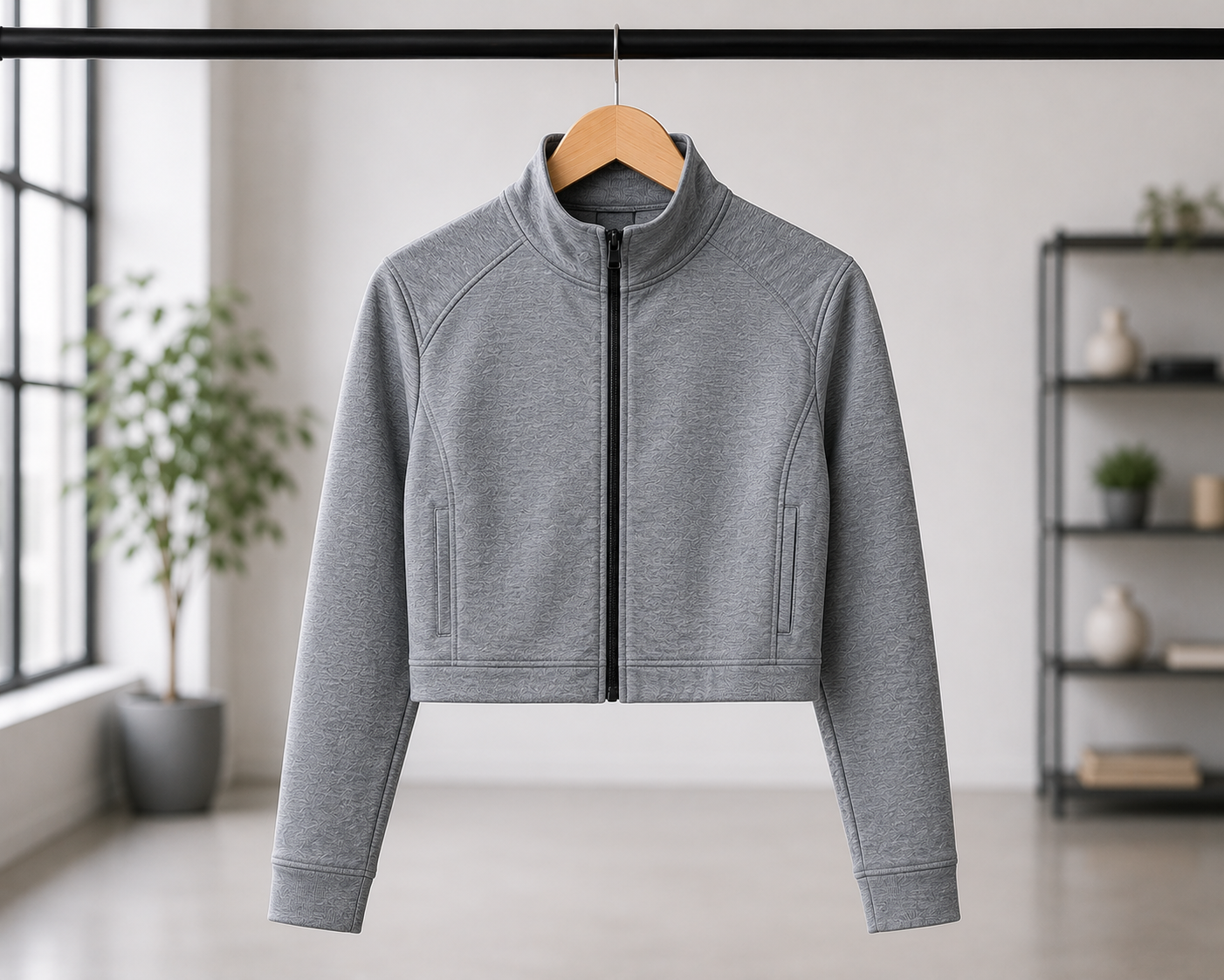 Grey custom cropped zip-up athleisure jacket on hanger, women's bulk cropped jacket manufacturer for private label activewear brands