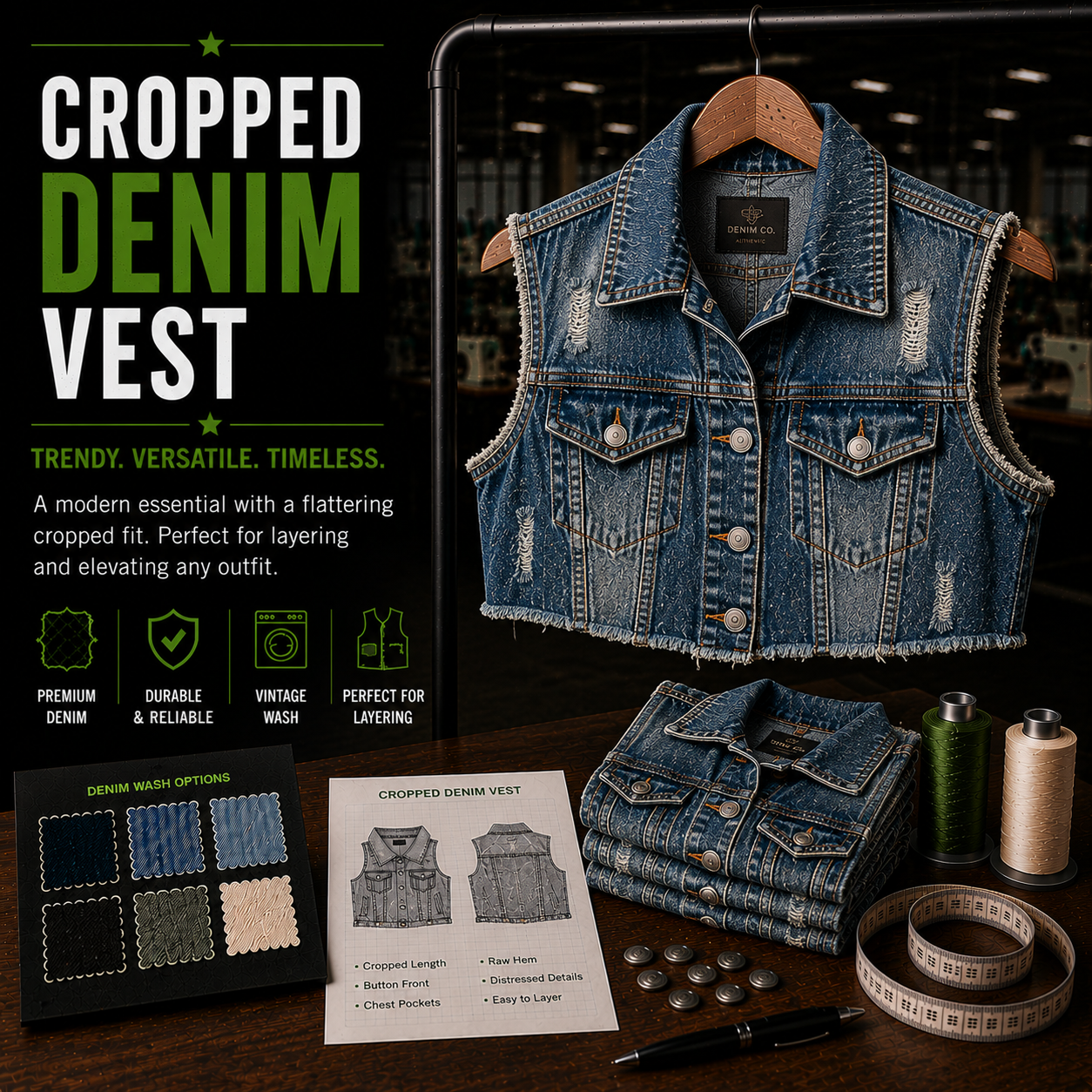 Cropped denim vest manufacturer infographic showing a light-wash distressed sleeveless cropped denim vest with Premium Denim, Durable, Vintage Wash, and Perfect for Layering features alongside wash swatches, spec sheet, thread, and buttons