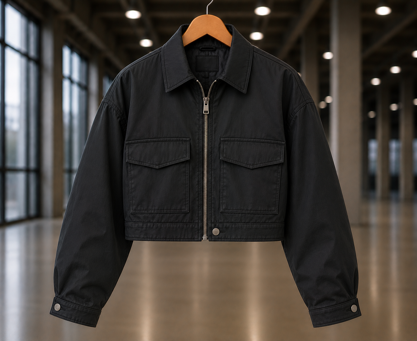 Custom cropped fashion jacket manufacturer showing a black zip-up cropped jacket with point collar, chest flap pockets, and snap cuffs on a wooden hanger in a modern interior