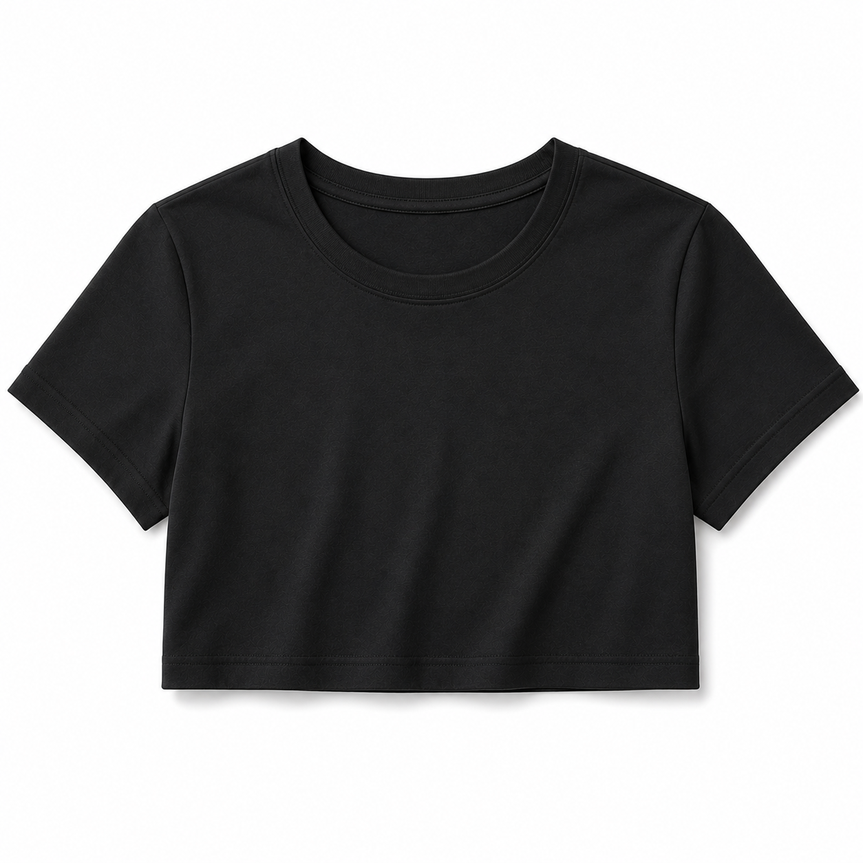 Custom cropped gym t-shirt manufacturer showing a women's black short sleeve cropped crew neck gym tee on a white background for fitness brands and athletic apparel retailers
