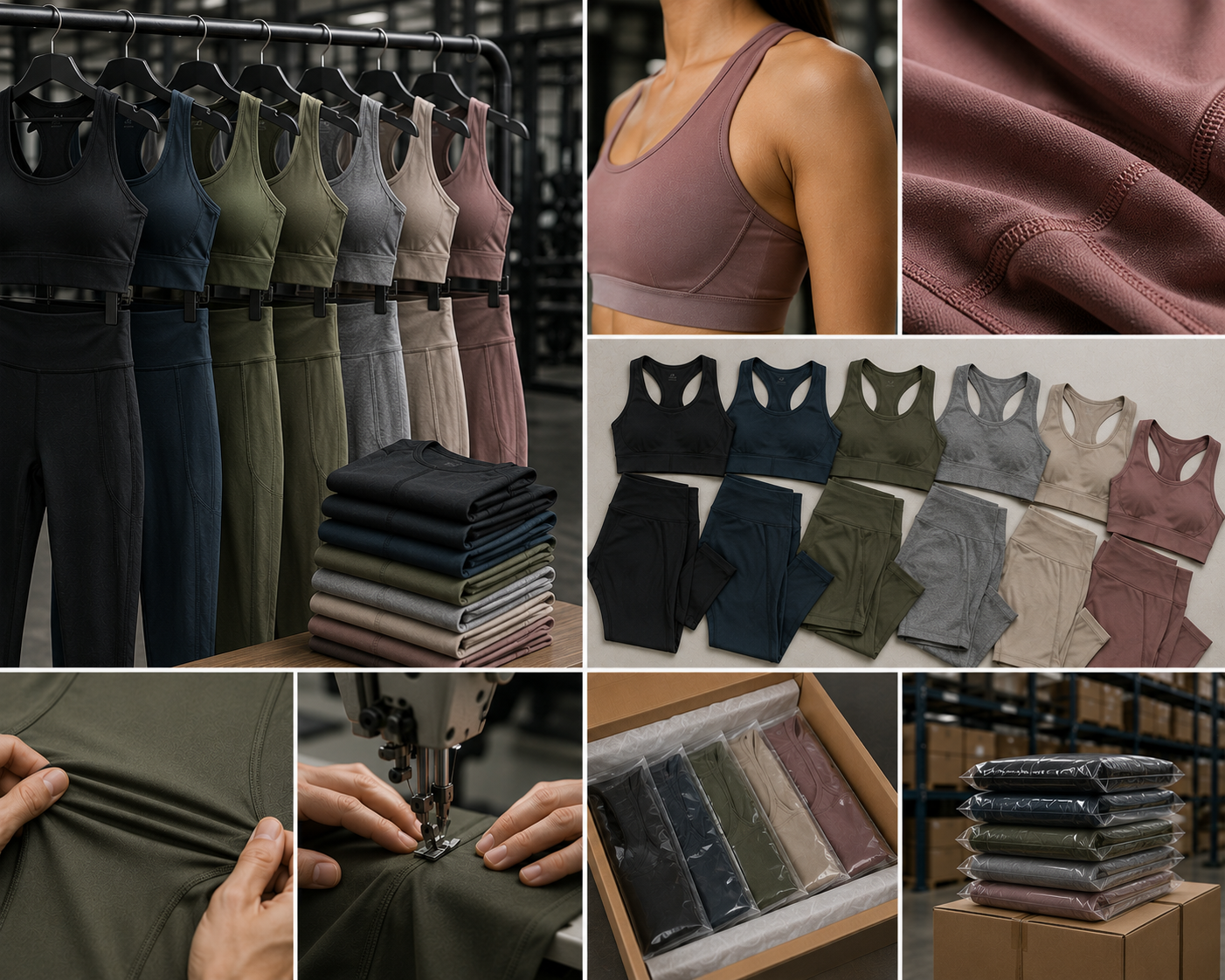 Custom activewear sets manufacturer collage showing women's activewear sets on hangers, close-up fabric, sewing process, packaged and bulk-stacked orders