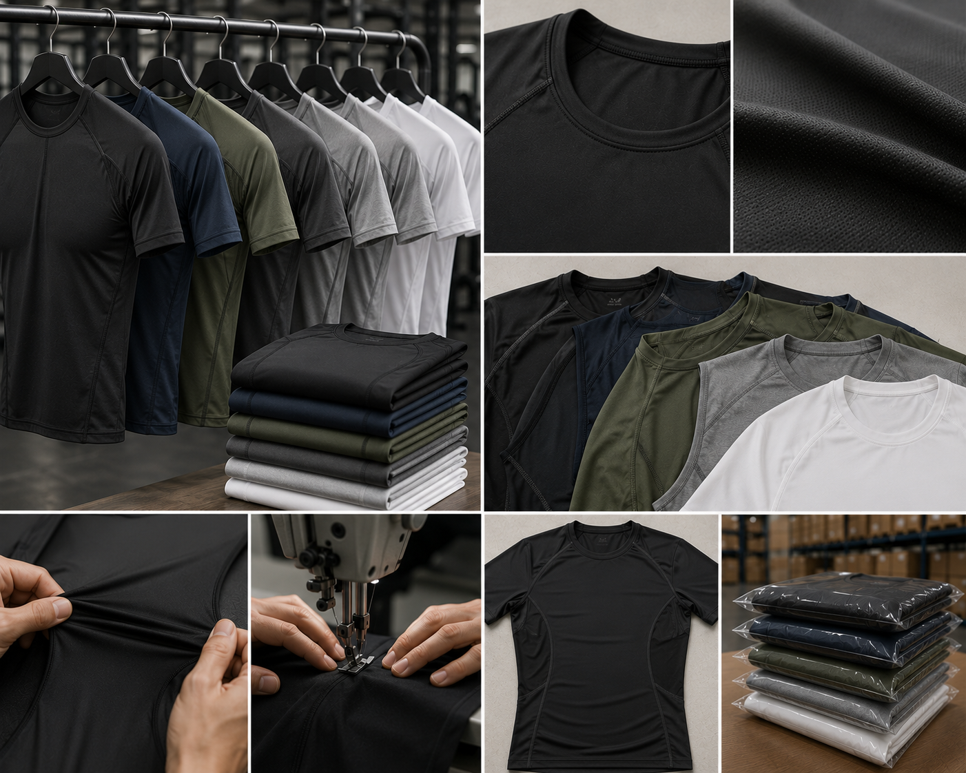 Custom compression shirts manufacturer collage showing shirts on hangers, fabric texture, folded stacks, sewing process, and bulk-packaged compression shirts for wholesale orders