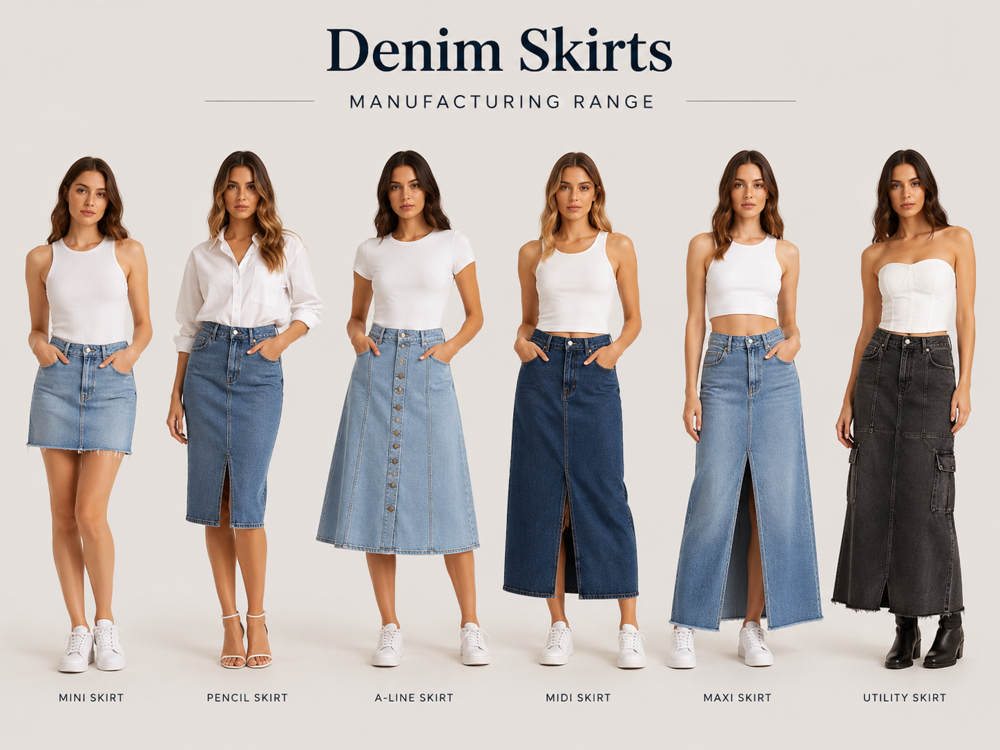 Custom denim skirts manufacturing range showcasing six styles on female models including mini skirt, pencil skirt, A-line skirt, midi skirt, maxi skirt, and utility skirt in various denim washes