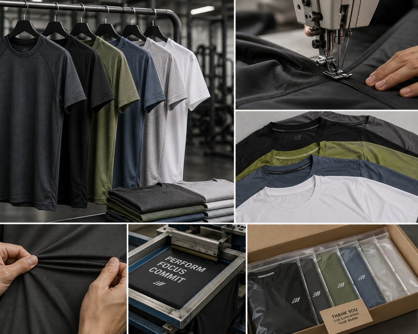 Custom gym t-shirts manufacturer collage showing a rack of gym tees in multiple colours, sewing machine stitching, stacked and folded tees, fabric texture, screen printing, and packaged t-shirts ready for delivery