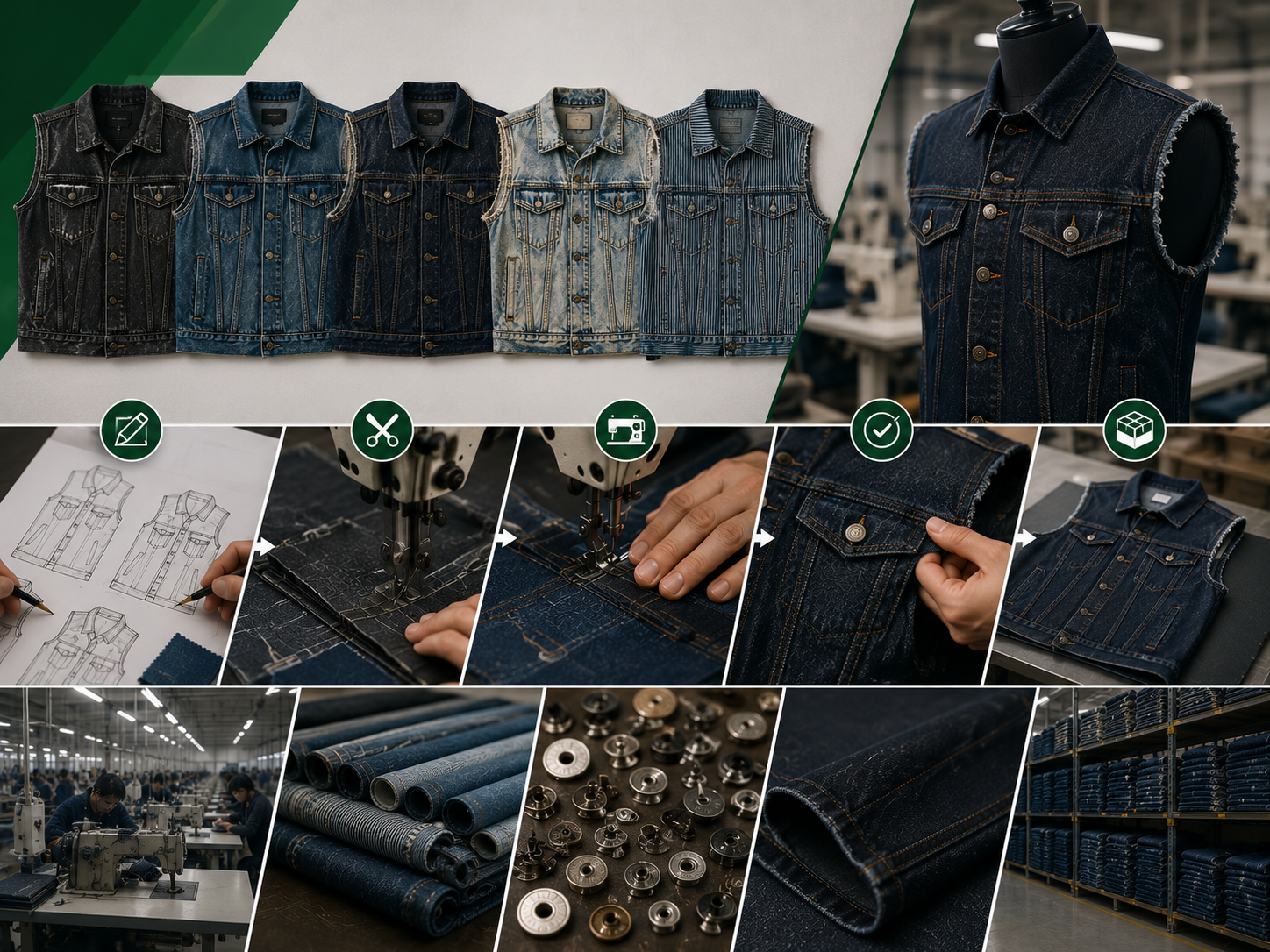 Custom denim vest manufacturer infographic showing multiple denim vest washes, 5-step manufacturing process from design to packaging, factory floor, fabric rolls, metal buttons, and warehouse storage