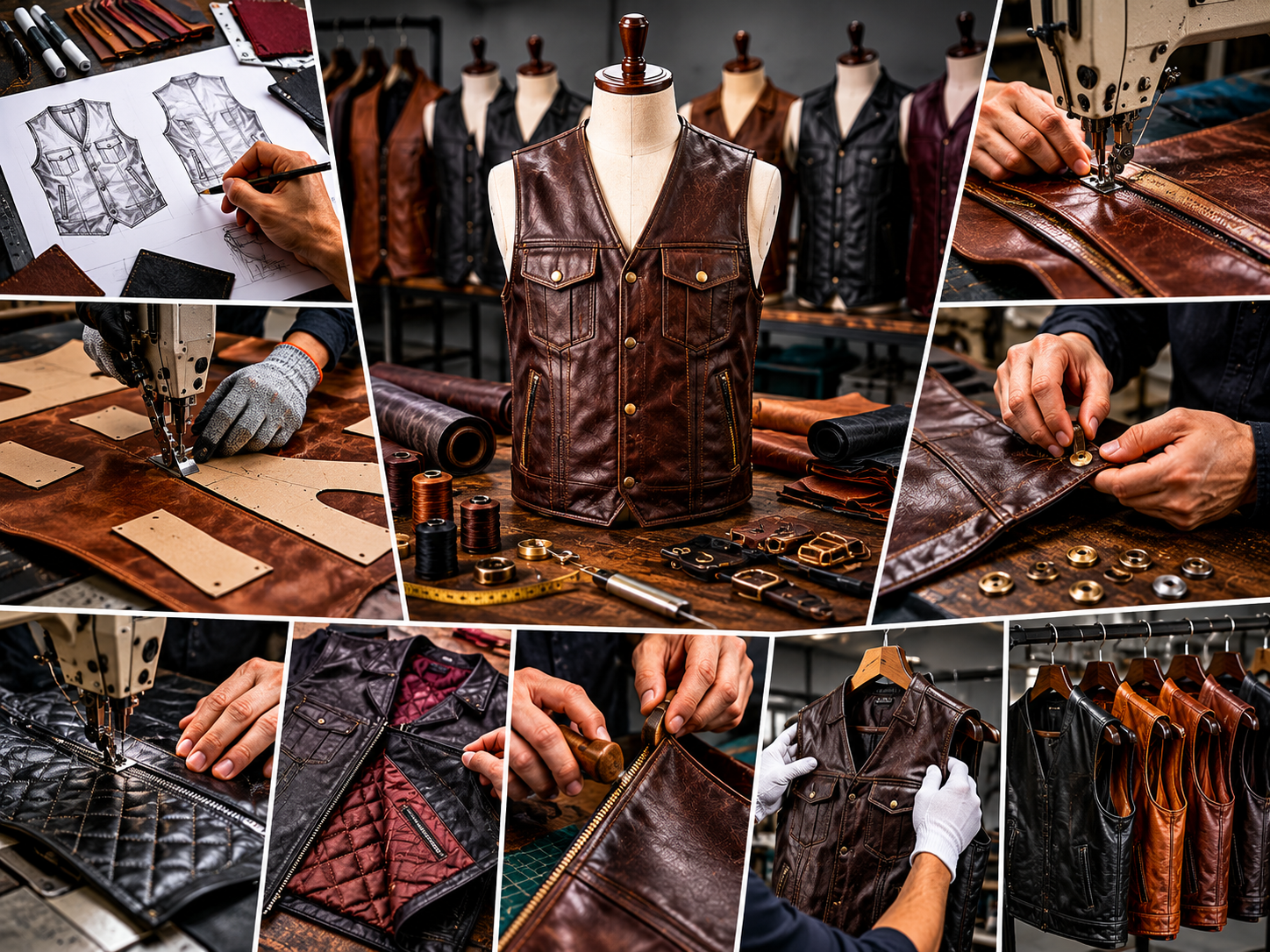 Custom leather vest manufacturing process at Eco Jersey Limited's production facility