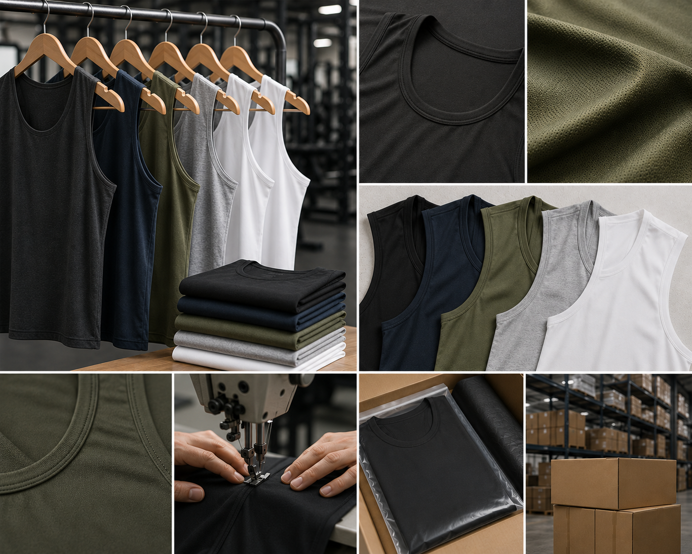Custom tank tops manufacturer collage showing a rack of multi-colour tank tops, fabric close-ups, folded stacks, sewing process, packaged product, and warehouse ready for delivery