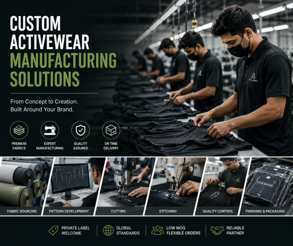 custom activewear manufacturing process with sewing machines and technical staff, apparel production solutions by Eco Jersey