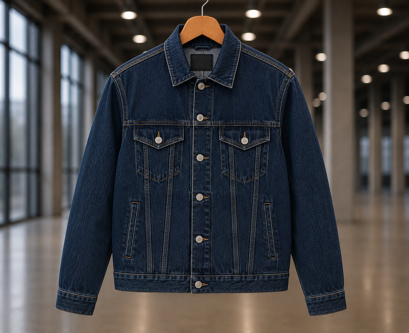 Custom denim jacket manufacturer showing a men's classic blue denim trucker jacket on a wooden hanger for fashion brands and denim apparel retailers
