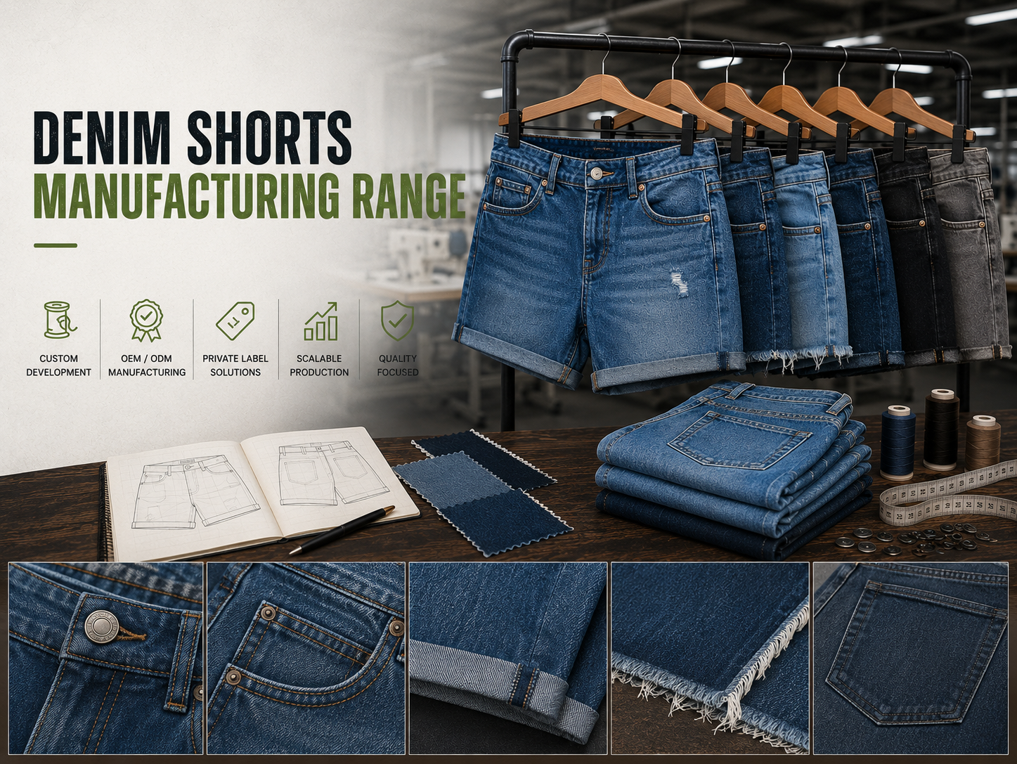 Denim Shorts Manufacturing Range – Custom denim shorts styles and wholesale manufacturing by Eco Jersey