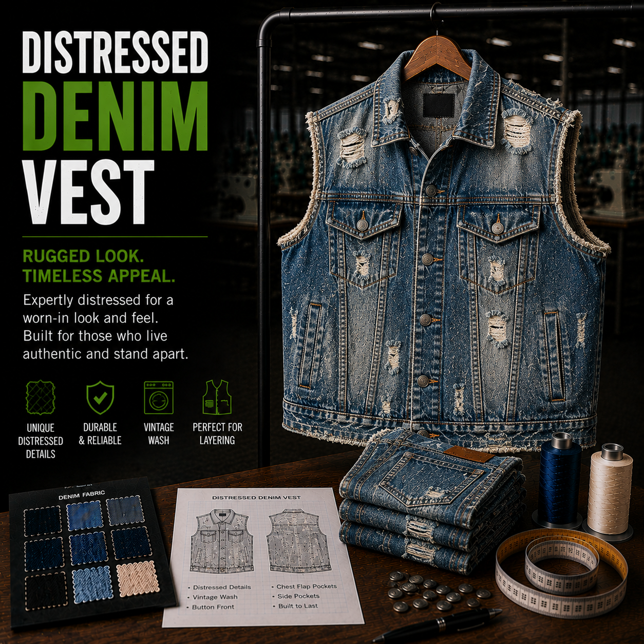 Distressed denim vest manufacturer infographic showing a men's heavily distressed sleeveless denim vest with unique distressed details, vintage wash, durable construction, and perfect layering fit alongside fabric swatches and buttons