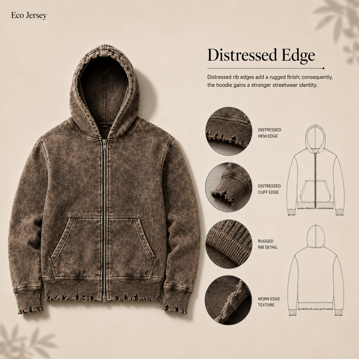 Distressed edge effect close-up on acid wash hoodie