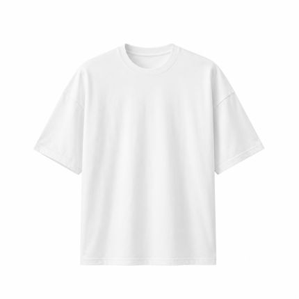 White custom drop shoulder oversized t-shirt by Eco Jersey on a ghost mannequin, showing the relaxed fit, dropped shoulder seam, crew neckline, and short sleeve design