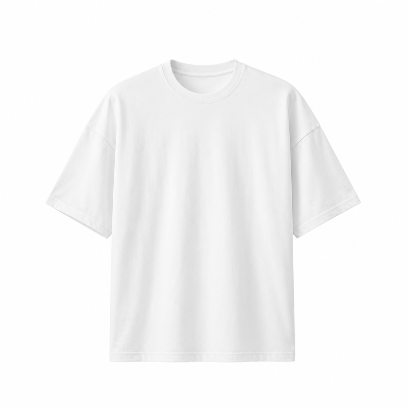 White custom drop shoulder oversized t-shirt by Eco Jersey on a ghost mannequin, showing the relaxed fit, dropped shoulder seam, crew neckline, and short sleeve design