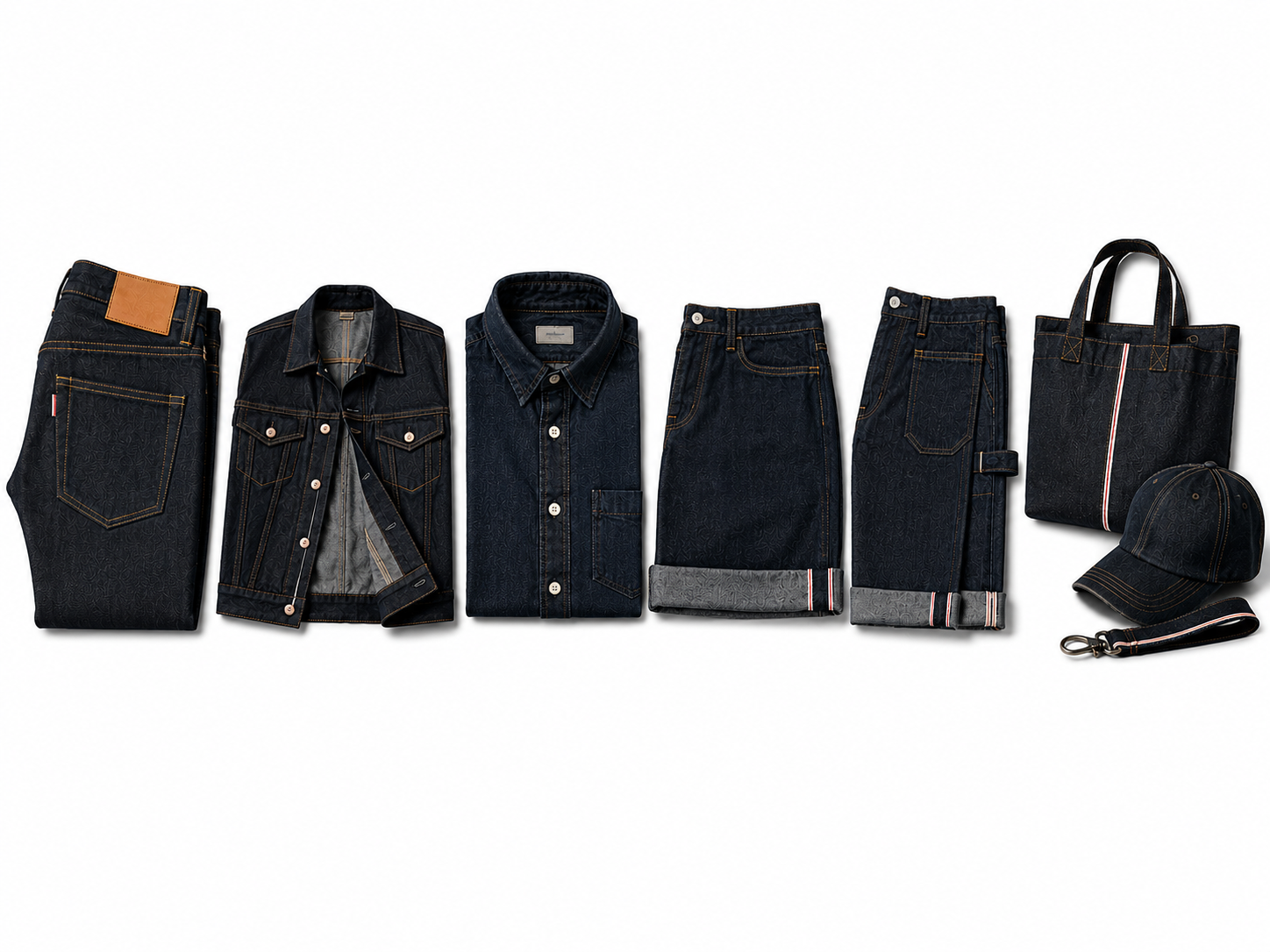 Eco Jersey's selvedge denim manufacturing range - product flat lay showing deep indigo selvedge denim jeans, trucker jacket, work shirt, shorts, tote bag, and denim cap
